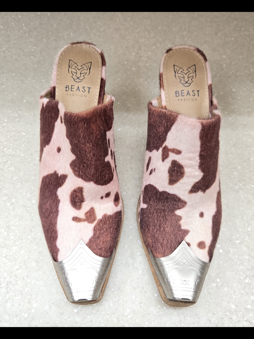 NEW BEAST FASHION Pink & Brown Faux Cowhide Mule w/ Silver Toe Detail, Size 6.5